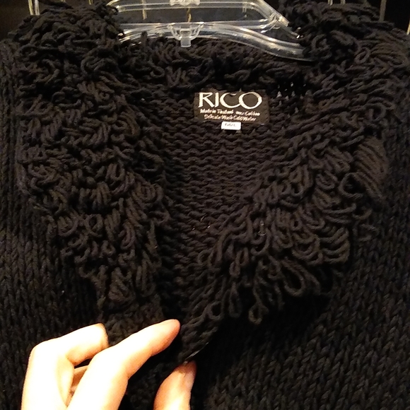 Black Sweater Hand Made knit loop fringe button-down cardigan, L - Picture 8 of 10